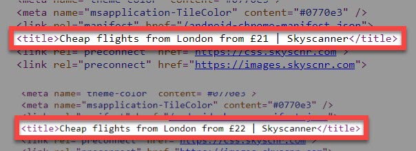 Skyscanner title tags on consecutive days